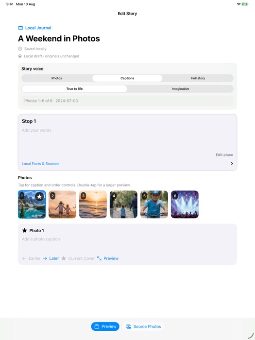 Tend Photos story editor on iPad, arranging photos into a story called A Weekend in Photos