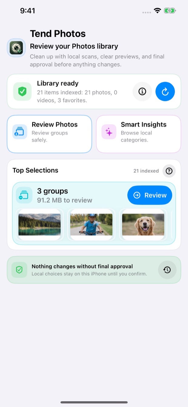 Tend Photos on iPhone showing storage payoff