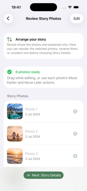 Tend Photos Review Story Photos on iPhone, showing selected story photos in order