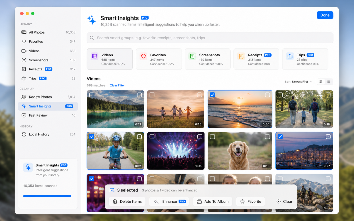 Smart Insights: see your whole library by type and scene.