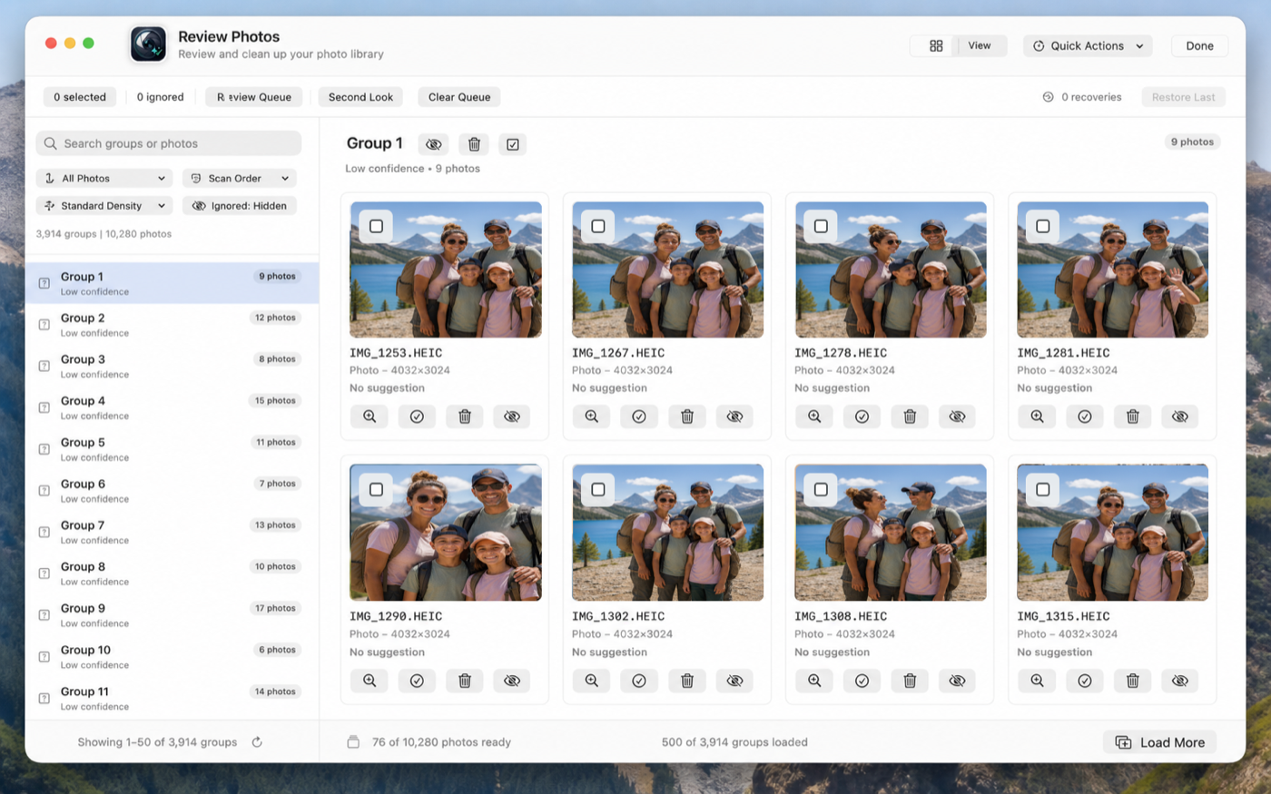 Tend Photos duplicate review workspace on a Mac