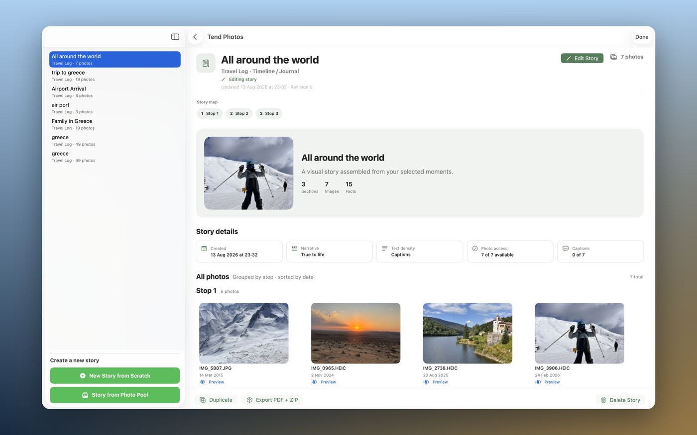 Tend Photos finished travel story titled All Around the World, with a story map, stats, and photo grid