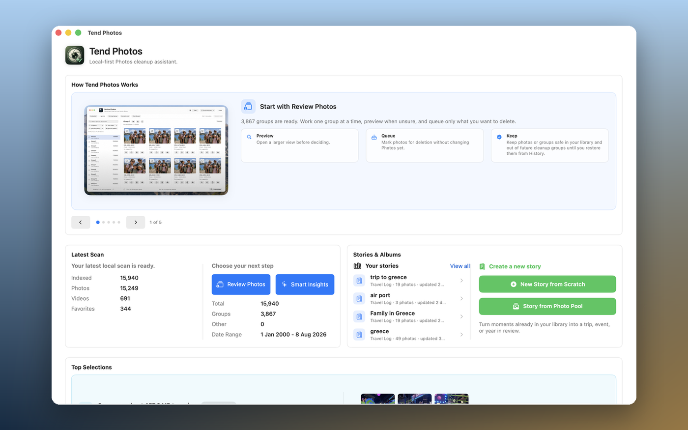 Tend Photos dashboard with a Create a new story panel