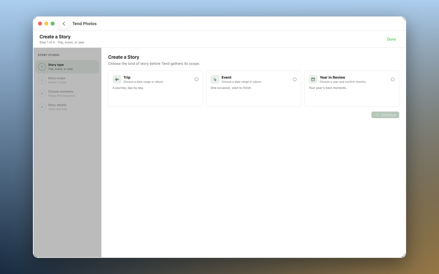 Tend Photos Create a Story wizard with Trip, Event, and Year in Review options
